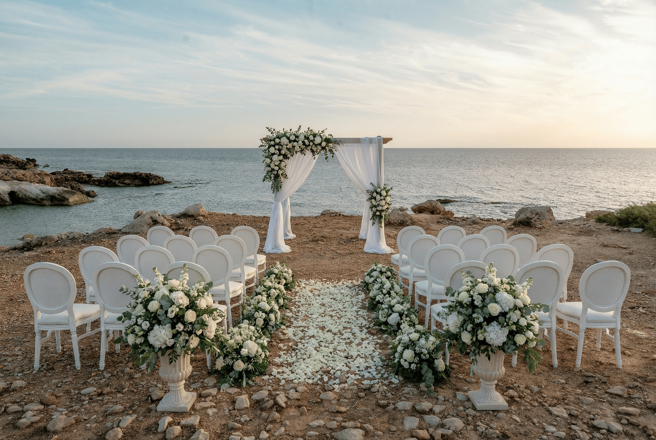 Beachside ceremony styling at OZEA with white floral arrangements, chairs, and the sea behind.