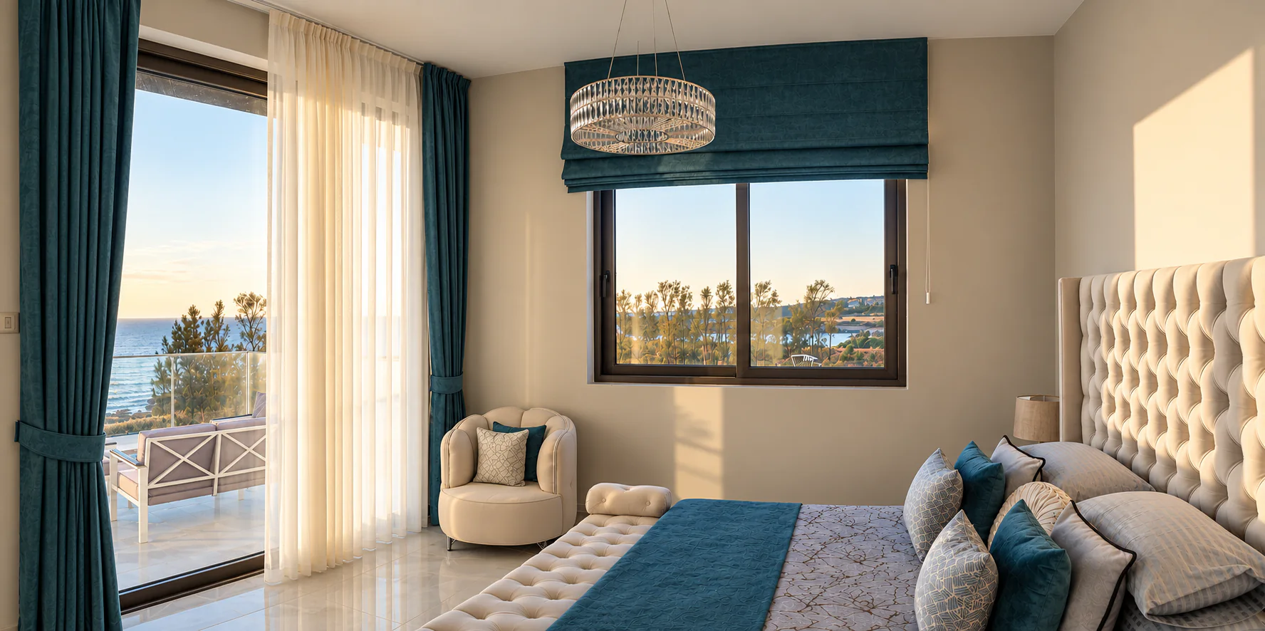 The bridal suite bedroom at OZEA with a tall tufted cream headboard, teal bed runner and roman blind, a crystal ring chandelier, and a glass door opening onto a sea-view balcony.