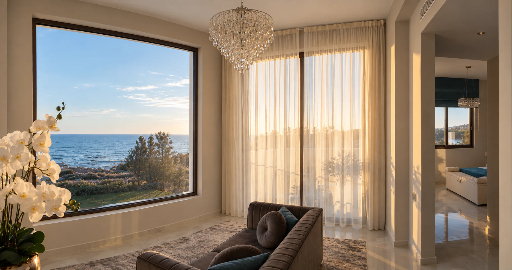The bridal suite lounge at OZEA seen at an angle, with a picture window onto the sea, sheer-curtained glass doors, a crystal chandelier, and an open doorway through to the bedroom.
