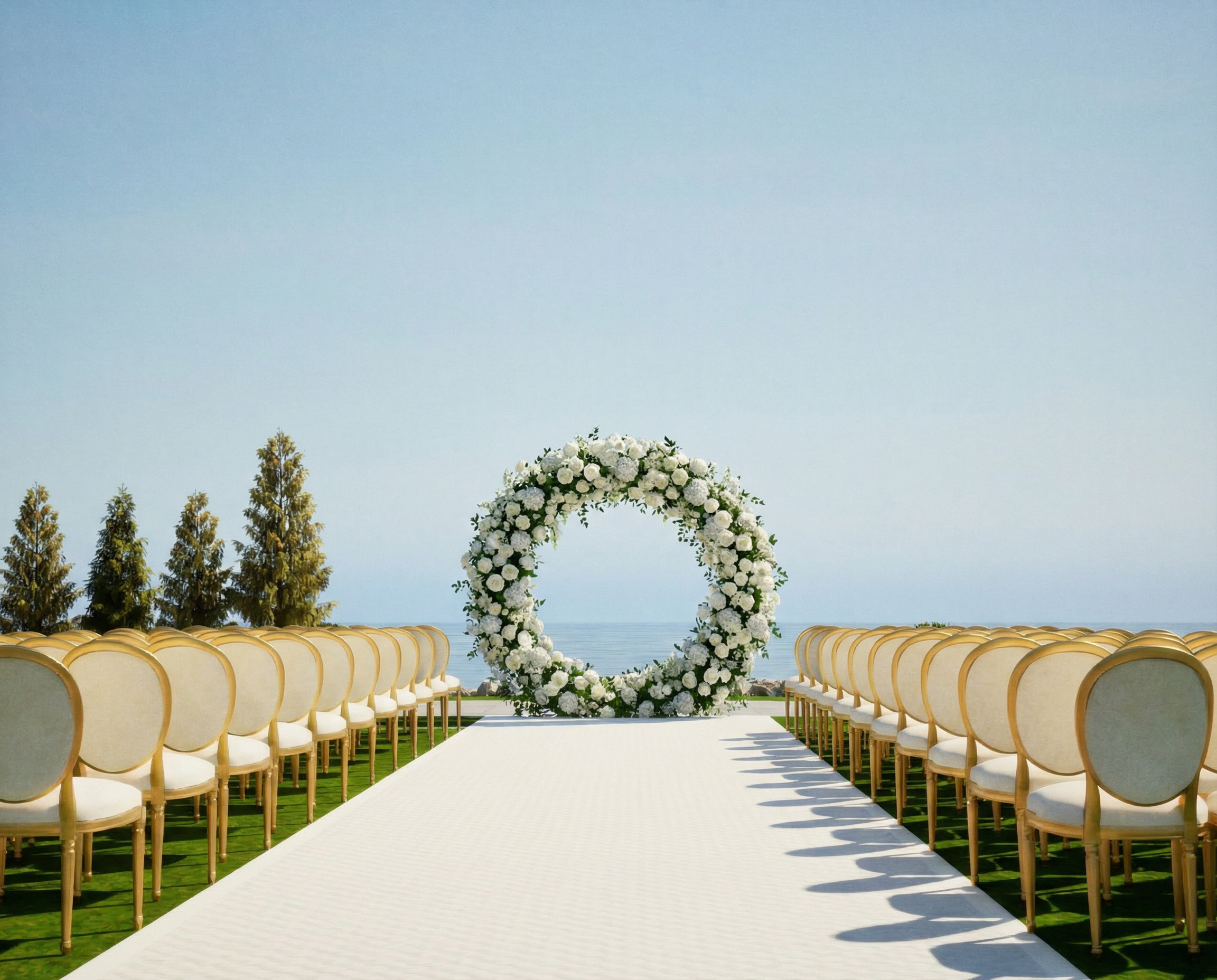 Sea-facing wedding aisle at OZEA with a floral arch and ceremony chairs framed by the coast.