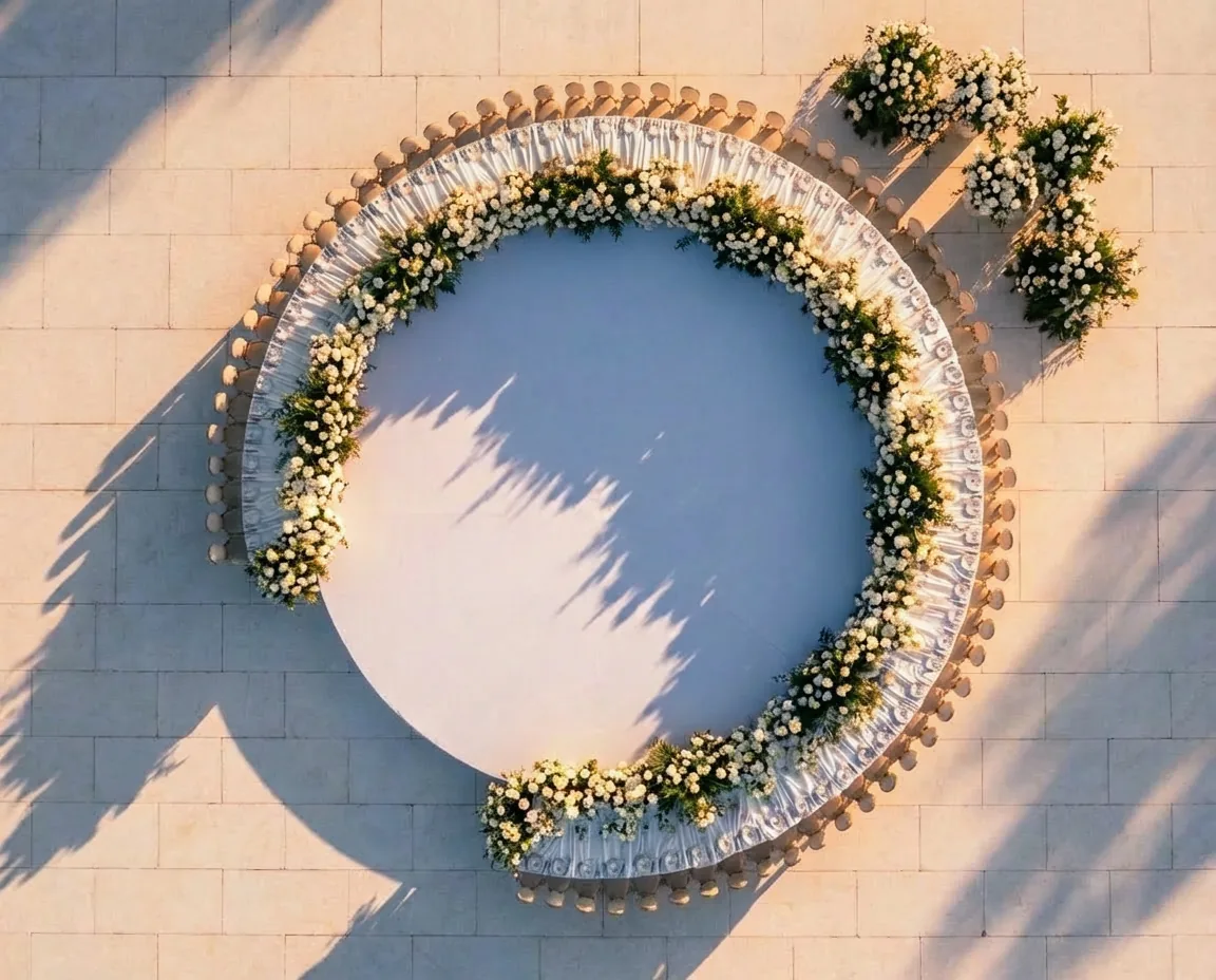 Overhead view of a round floral-topped wedding table at OZEA.