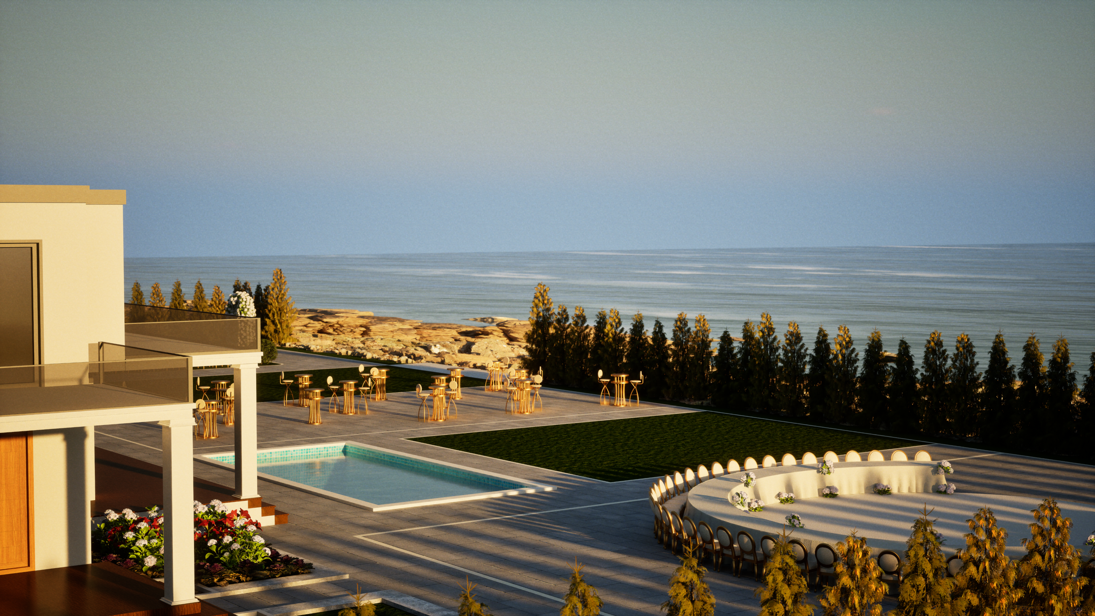 Dining terrace atmosphere at OZEA for a hosted private event.