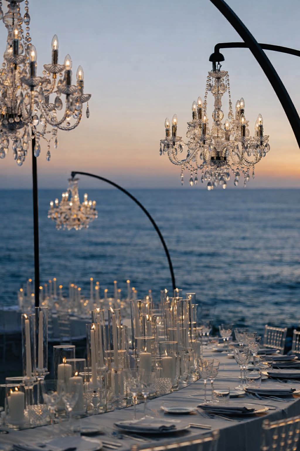 Candlelit seafront wedding table at OZEA with chandeliers and glassware overlooking the water.