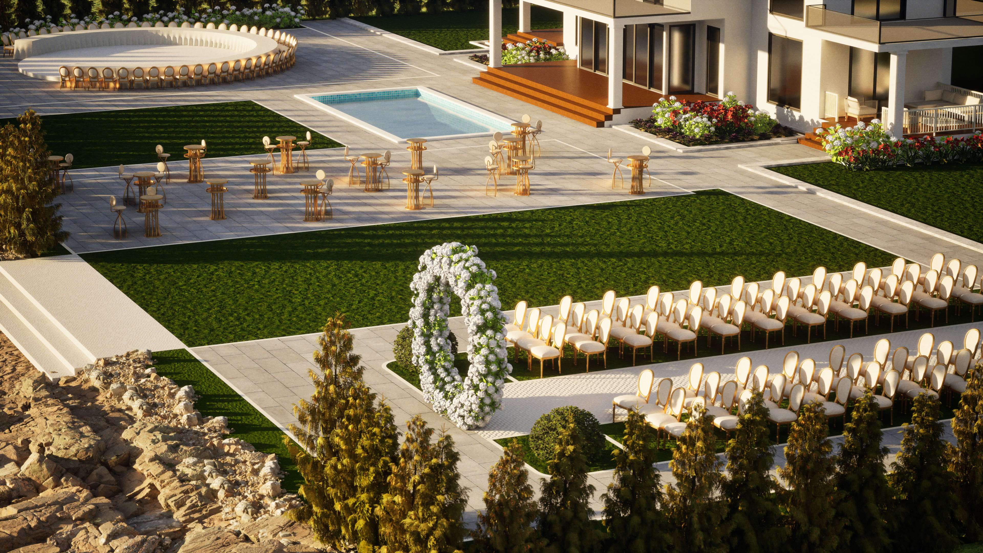 Aerial view of the OZEA layout showing terrace flow, pool, and sea-facing event spaces.