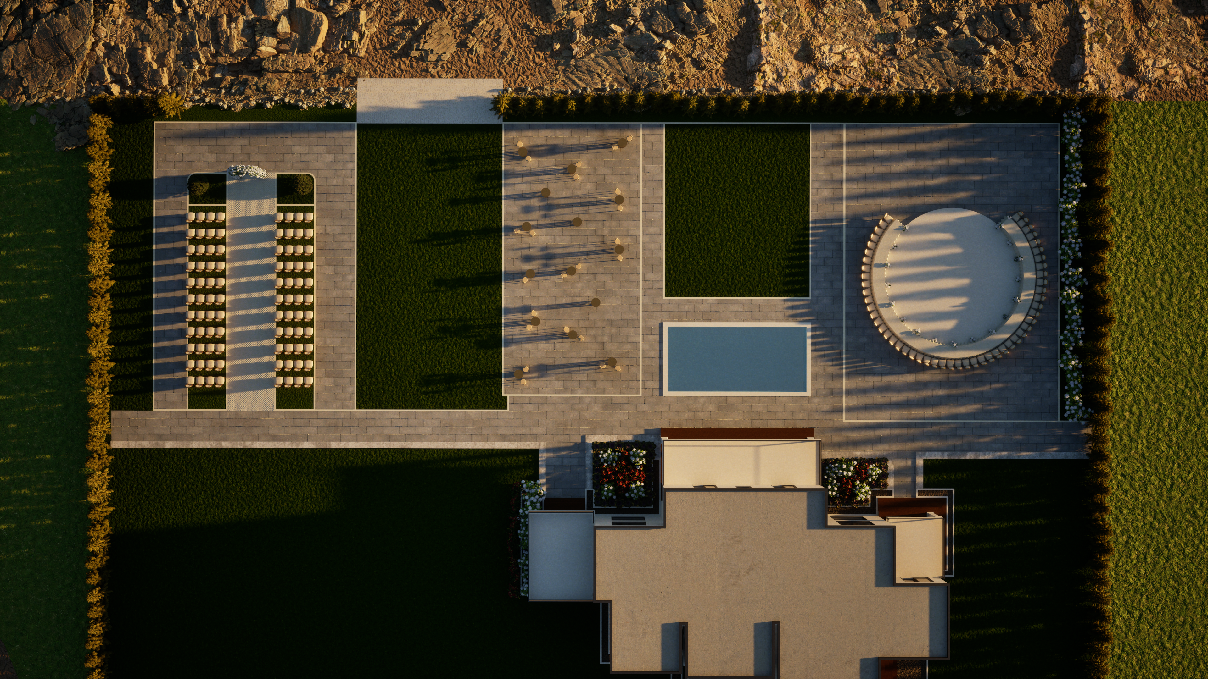 Aerial rendering of OZEA Paphos showing the ceremony, reception, and coastal layout together.