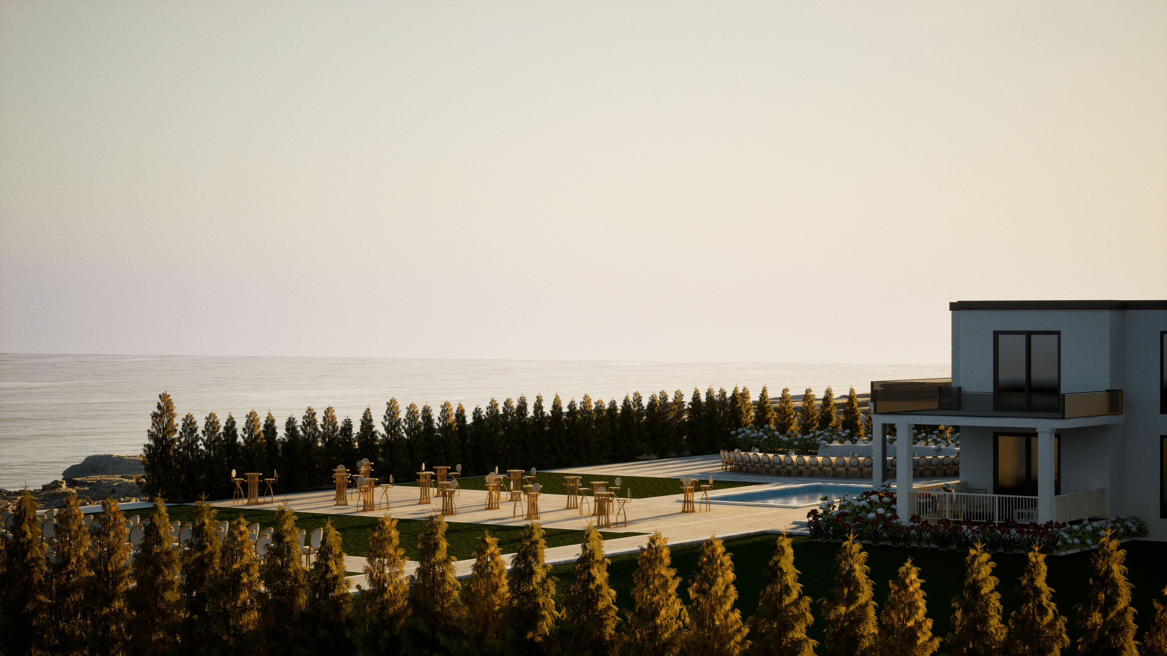 Evening view across the OZEA terraces and Mediterranean horizon prepared for a private event in Paphos.